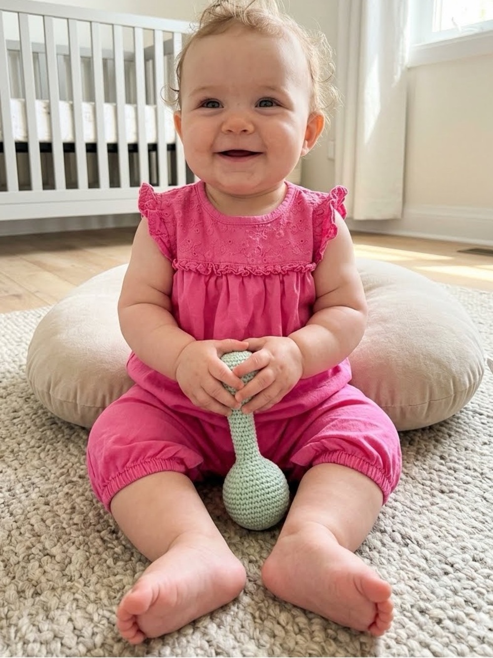 Nutmeg Bright Pink Baby Romper with Eyelet- 6-9 months